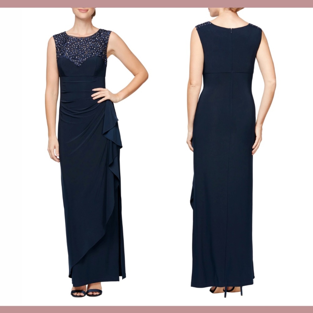 NEW Alex Evenings [‎ 16 ] Embroidered Side Ruched Gown in Navy Blue